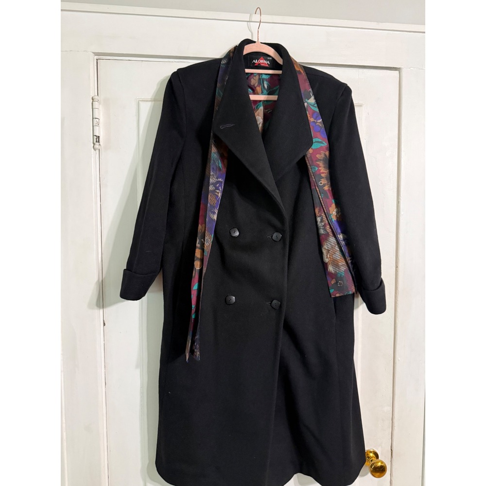 Vintage Alorna by Forstmann Black Wool Blend Double Breasted Coat Floral Scarf